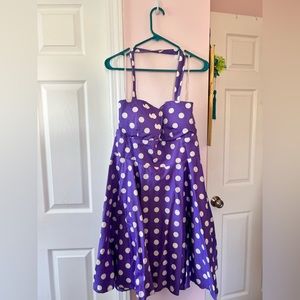 19050s 60s Style Purple and White Polka Dot Sweetheart Neck Halter A Line Dress